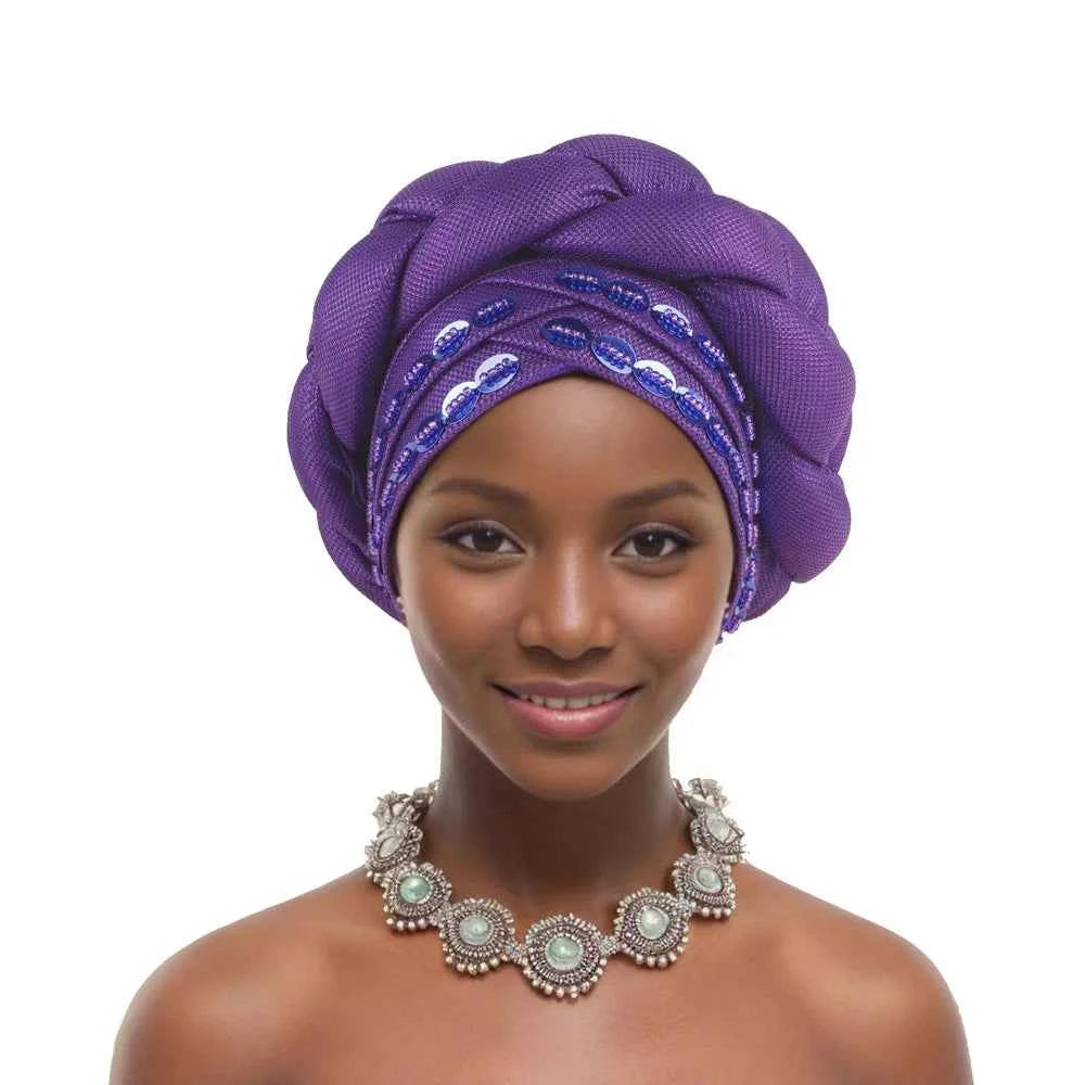 2025 Latest African Auto Gele Headtie Already Made Headties Shinning Turban Cap for Women Ready Nigerian Hijab Braid Head Wraps