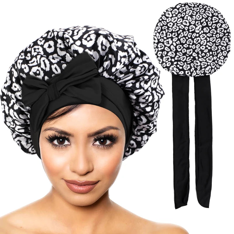 New Women Floral Satin Bonnet Printed Elegant Hair Bonnet with Tie Band Elastic Sleeping Night Cap Lightweight Shower Bath Cap - NamafadStore