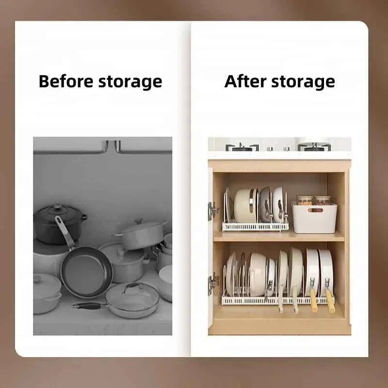 Pot Rack Bowl and Plate Storage Rack Multi-layer Retractable Adjustable Carbon Steel Pan Dish Drying Cookware Rack Kitchen Tools