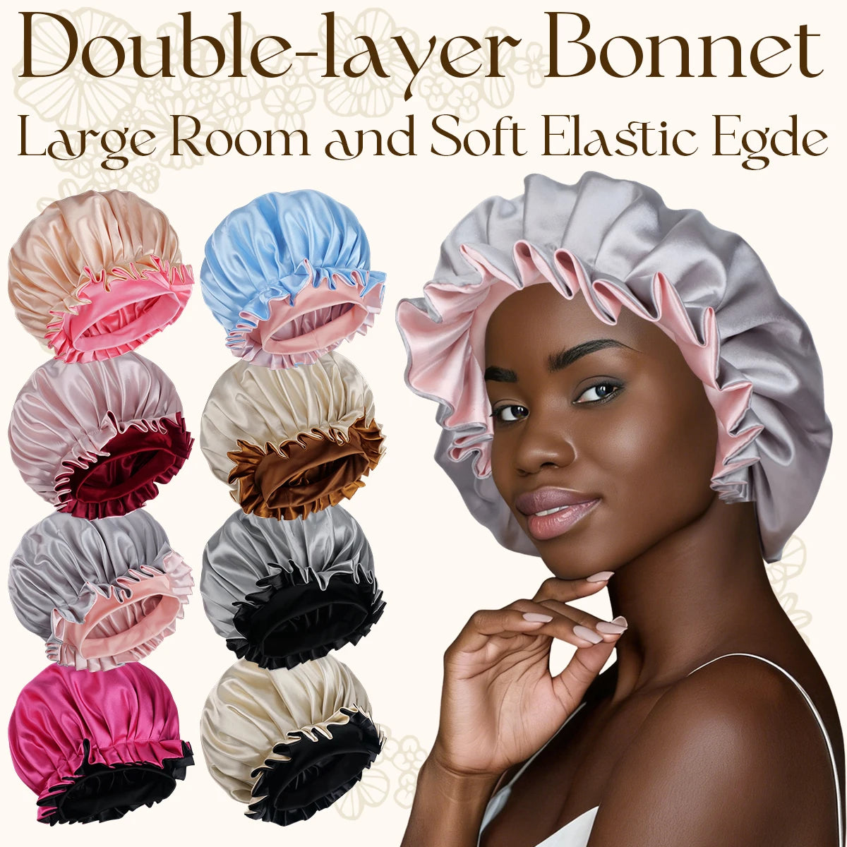 Double-layer satin bonnet shown on a model wearing one, with text reading 'Double-layer Bonnet Large Room and Soft Elastic Egde.' Nine additional bonnet color options are shown in a column on the left.