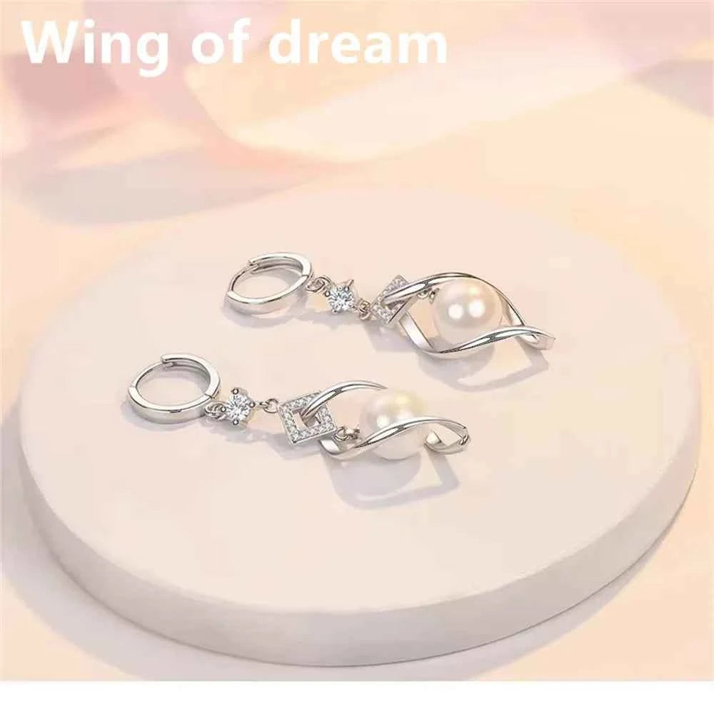 925 Sterling Silver Crystal Zirconia Natural Pearl Earrings, Women's Fashion Gorgeous Wedding Engagement Party Jewelry