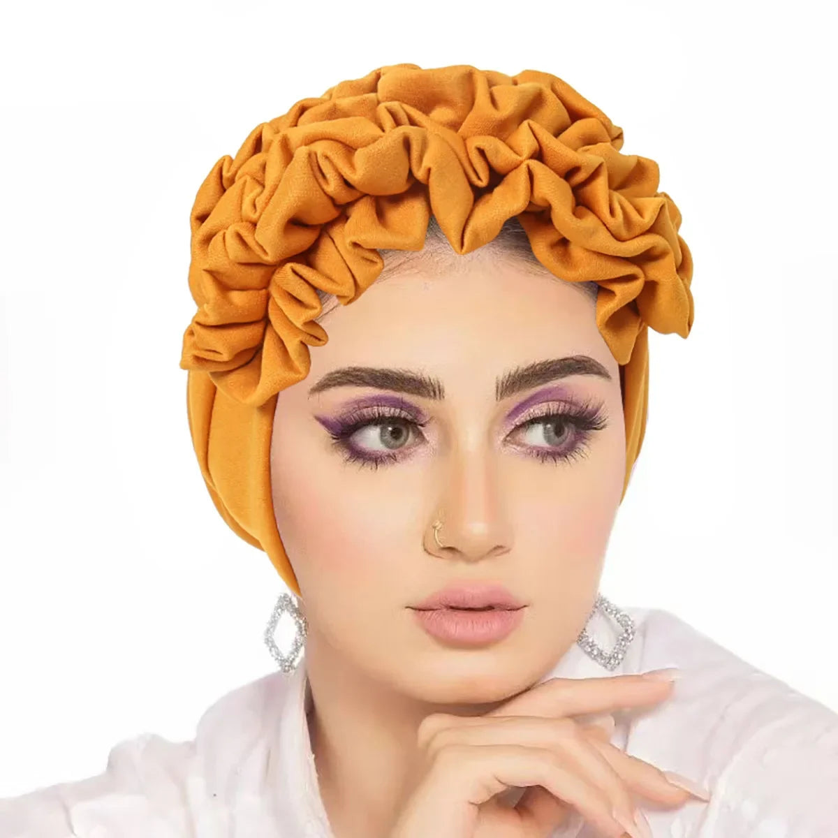 Trendy Crinkle Women's Hijab Solid Color Muslim Ladies Turban Bonnet Flower Decor Ramadan Head Wrap Head Scarf Indian Hat Mujer - NamafadStore