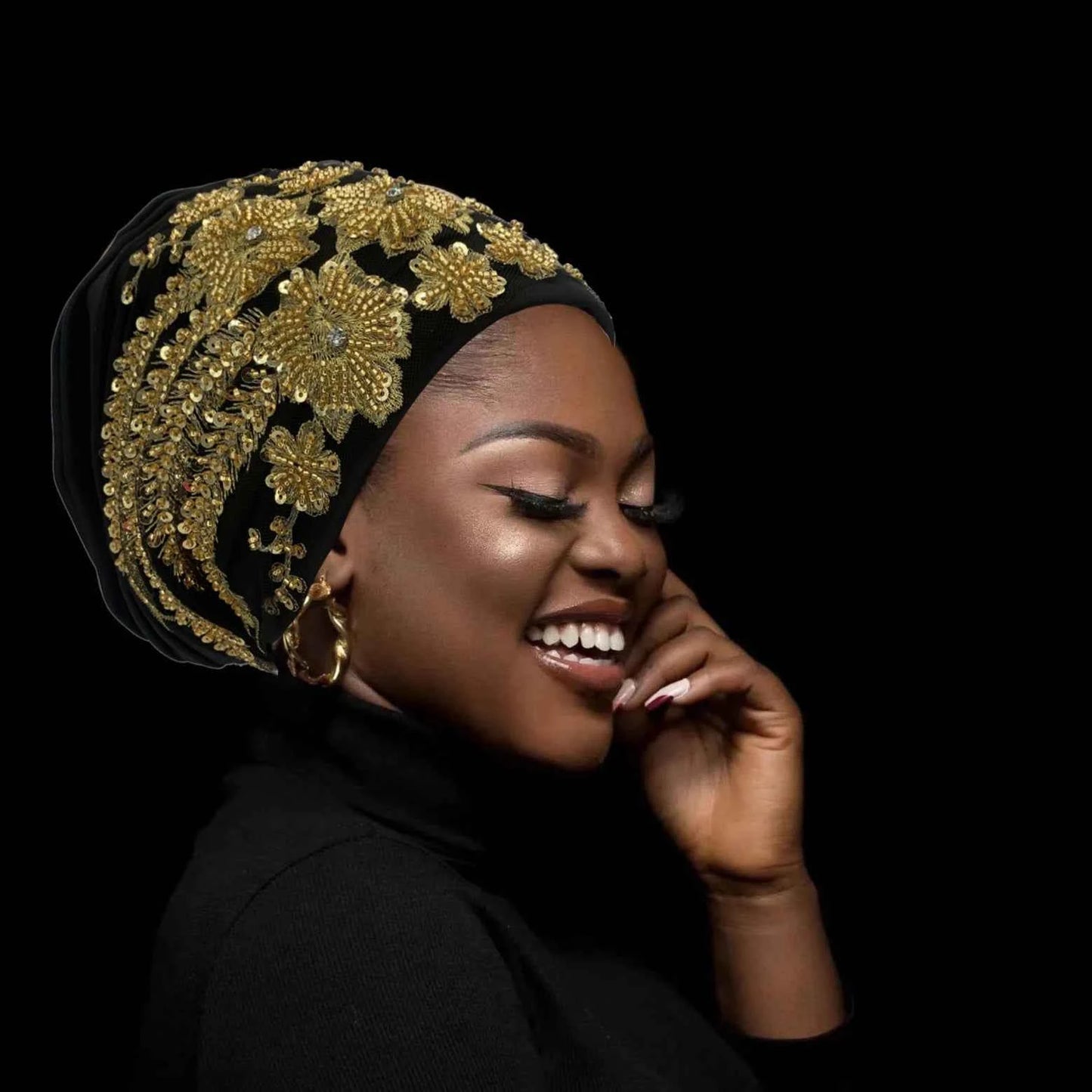 Luxury Embroidery Beading Pleated Turban Cap for Women African Female Wrap Head Bonnet Muslim Turban Hat  Lady Head Wraps - NamafadStore