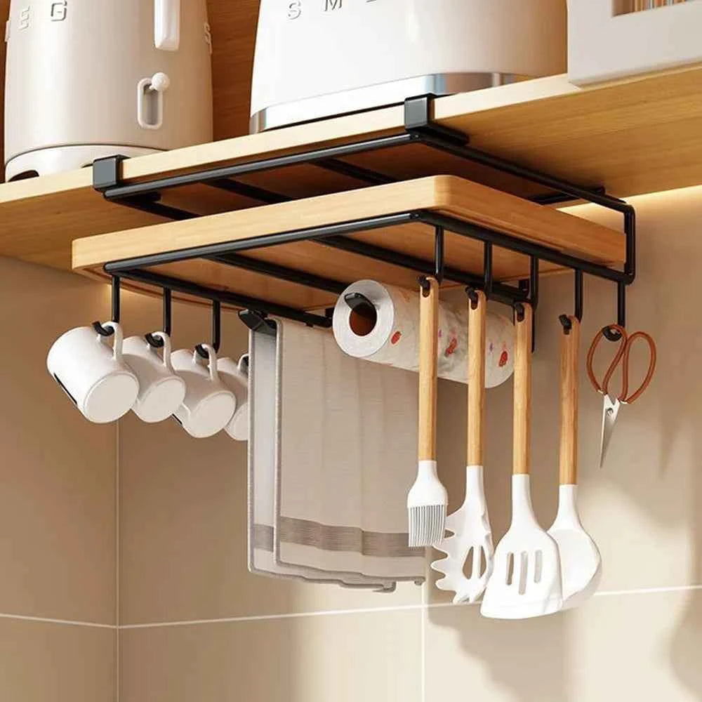 Under Cabinet Kitchen Organizer Rack with Hooks Multi-Purpose Storage Shelf for Paper Towel Cutting Board & Pot Lids