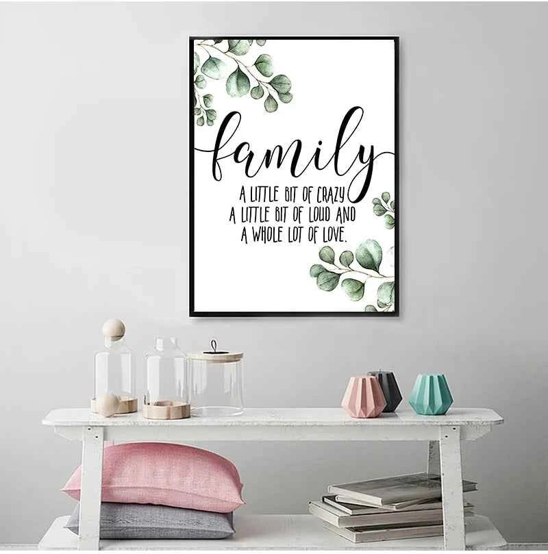 Family Simple Quote Picture Green Leaves Poster Black White Wall Art Canvas Painting Nordic Style Modern Print for Living Room