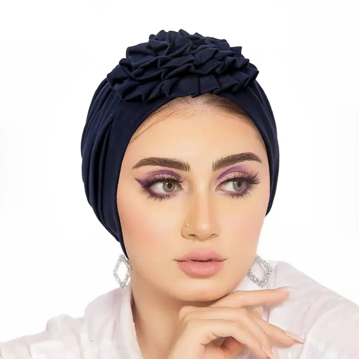 Trendy Crinkle Hijab Solid Color Muslim Ladies Turban Bonnet with Flower Decor for Ramadan and Everyday Wear