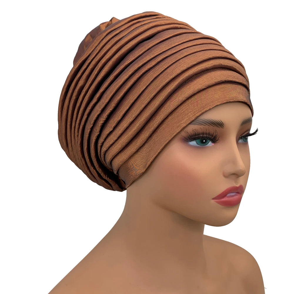 New Raw Silk Pleated Turban Cap for Women African Female Head Wraps Nigeria Lady Headwear Hat Wedding Headtie - NamafadStore