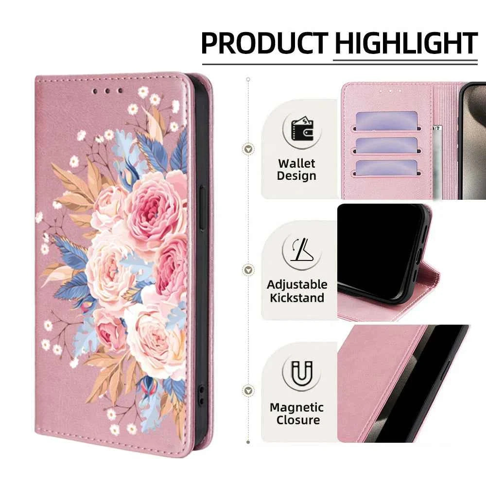 Flower Pattern Magnetic Leather Flip Wallet Case for iPhone 17 Pro Max 16 15 14 13 12 11 Pro Max 16 Plus Air Card Slots Holster