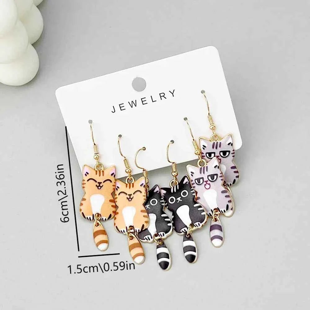 3 Pairs New Fun and Cute Enamel Alloy Hanging Tail Cat Dangle Earrings Colored Cat Ear Jewelry Set Lovely Gift For Women Girls