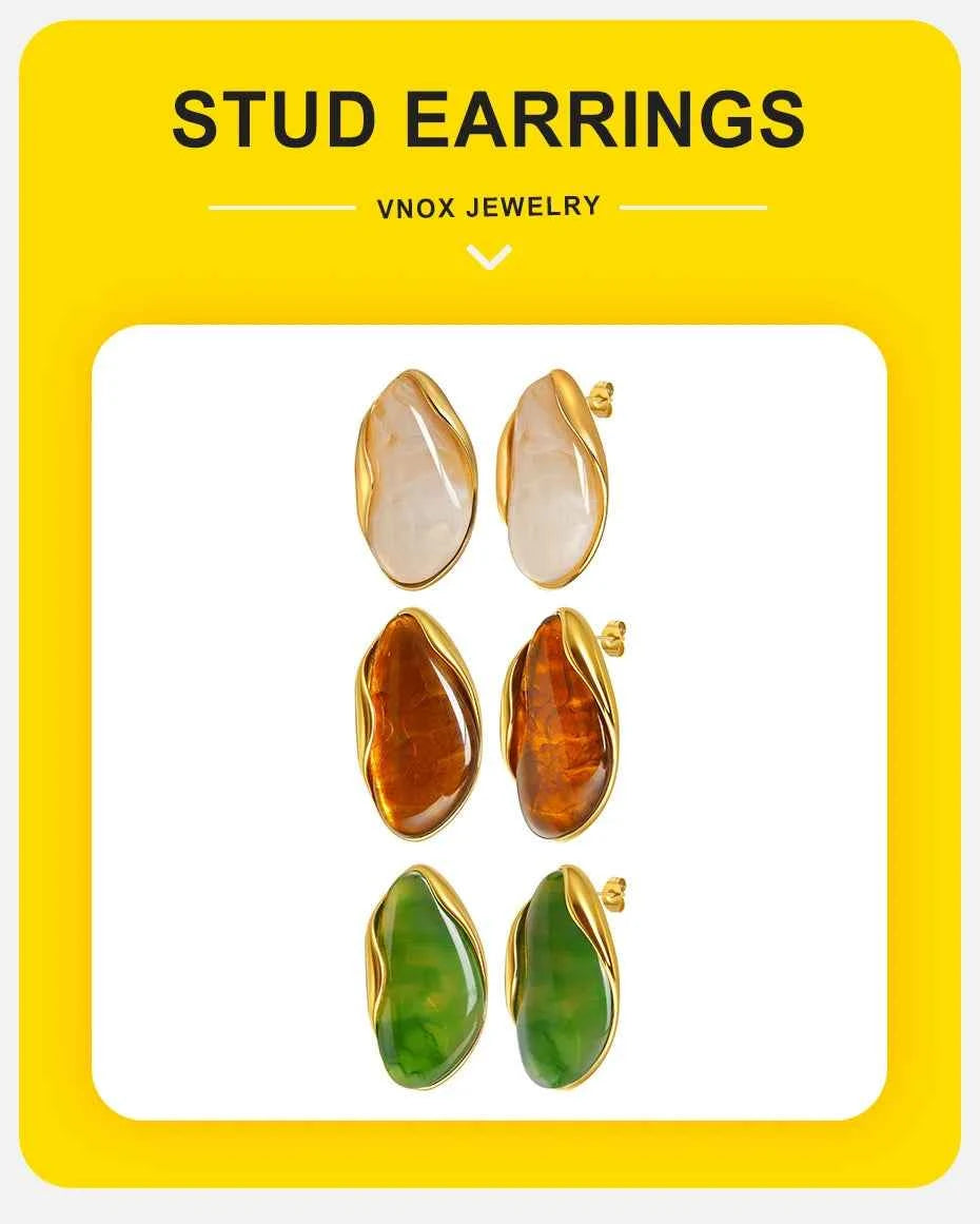 Vnox 2025 Autumn New Brown Resin Geometric Stud Earrings,Stainless Steel 18k Gold-plated Ear Needle,Piercing Jewelry For Women