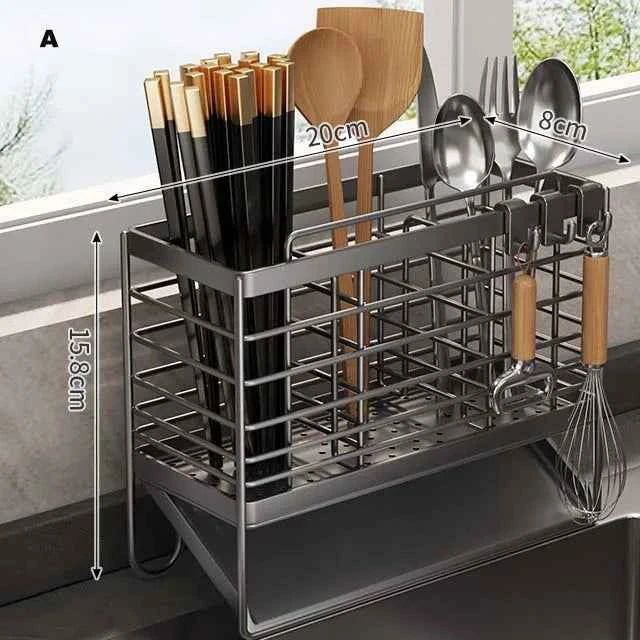 Cutlery Organizer Kitchen Storage Rack Wall Mounted Knife, Fork, Spoon Chopstick Rack with Drainage Tray Kitchen Utensil Cage