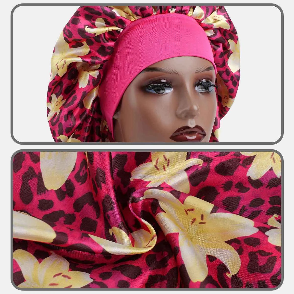 1PC Women's Leopard Print Satin Sleep Bonnet - Adjustable Night Cap for Hair Protection While Sleeping