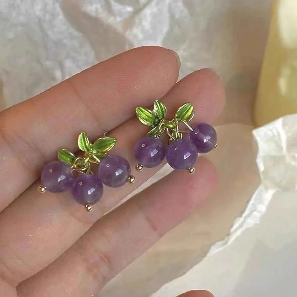 Non Pierced Ear Clips Japanese Green Grape Earrings Small Cute Transparent Fruit Cherry Clip on Earrings for Female Party Gifts