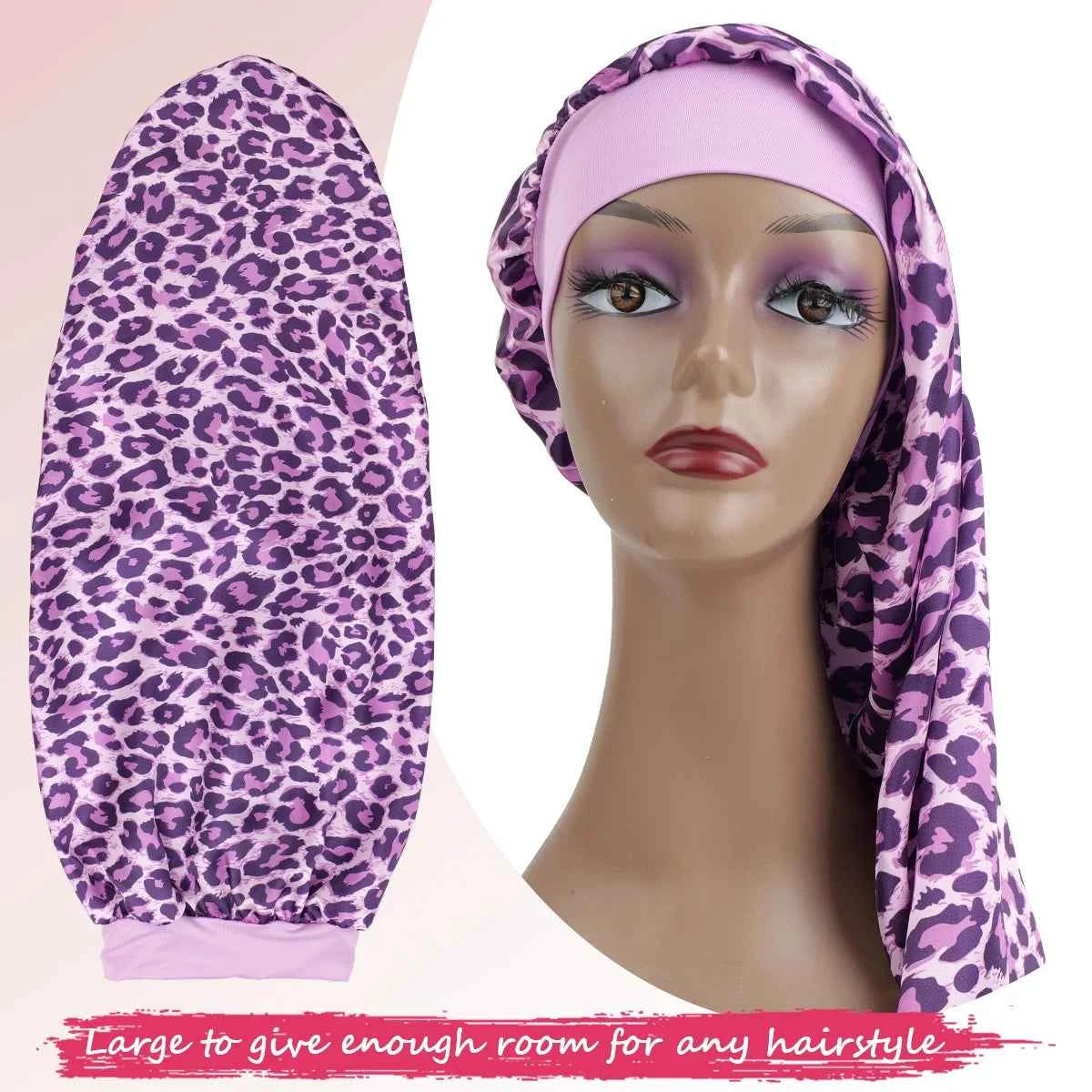 Women's Long Round Tail Bonnet-Silk Sleep Bonnet with Wide Elastic Edge-Hair Protector for Curly & Straight Hair-Leopard Print