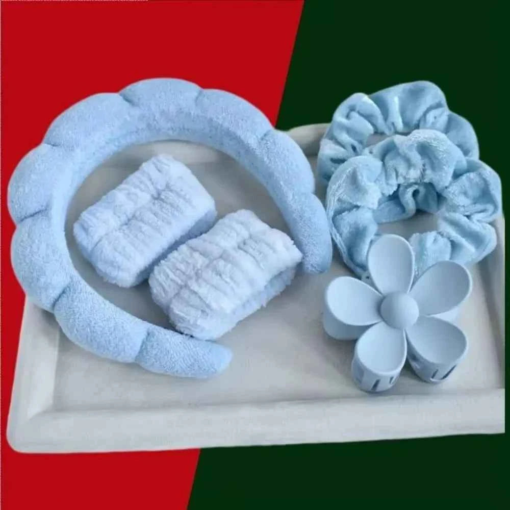 1/6Pcs Women Spa Hairband Puffy Sponge Headband Flower Hair Clip Wristbands Scrunchies for Washing Face Makeup Shower Skincare