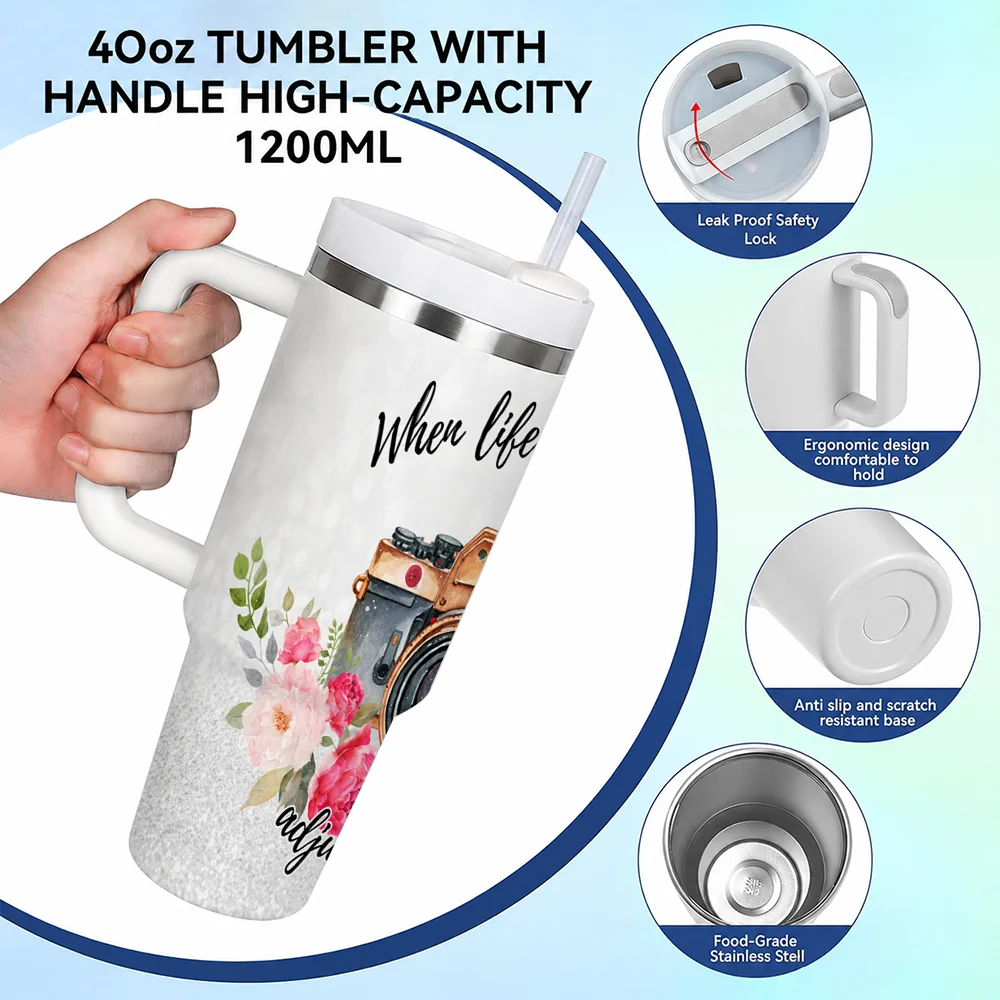 40oz Stainless Steel Tumbler with Handle & Straw – Insulated Travel Cup