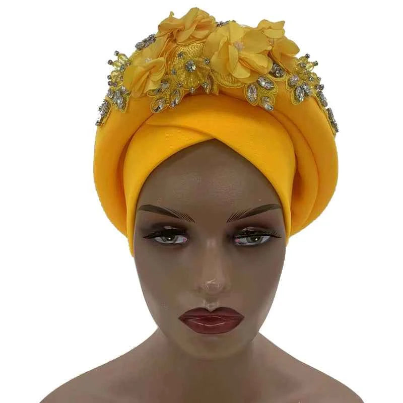 Beaded Nigeria Gele Ready African Headtie Female Head Wraps Party Headpiece Muslim Headscarf Hat Women's Turban Cap with Stones