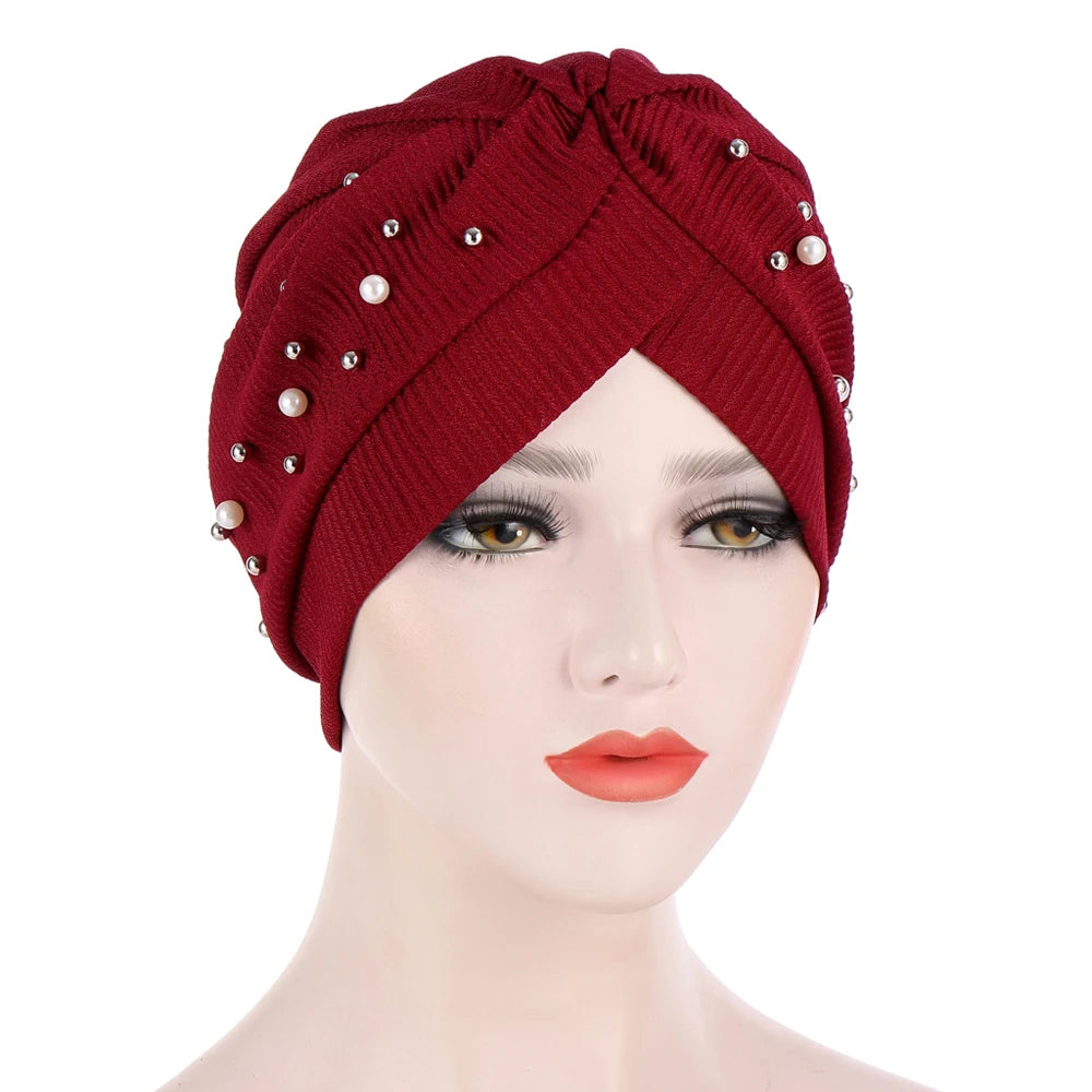 1PC New Women Elastic Turban Hat Muslim Hijab Islamic Beads Cancer Chemo Cap Ladies Hijab Stretch Head Wrap Head Scarf Hair Loss - NamafadStore
