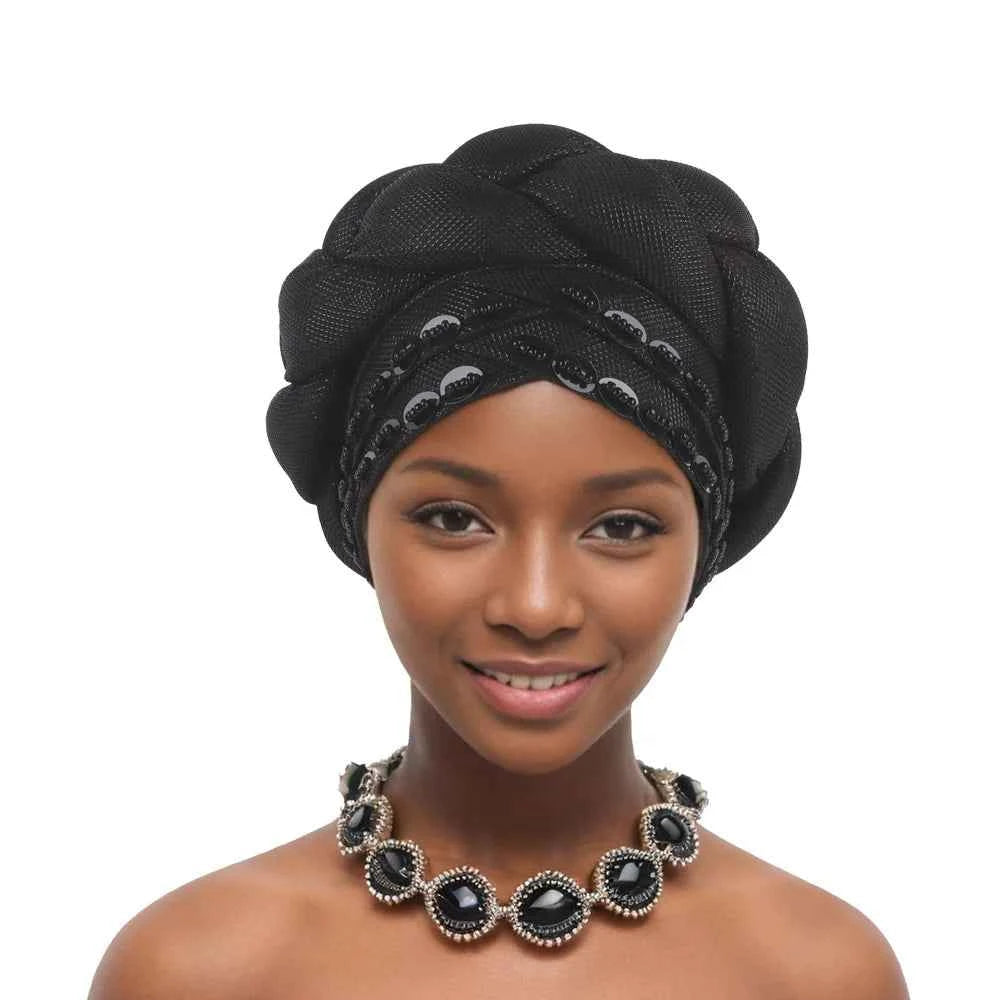 2025 Latest African Auto Gele Headtie Already Made Headties Shinning Turban Cap for Women Ready Nigerian Hijab Braid Head Wraps