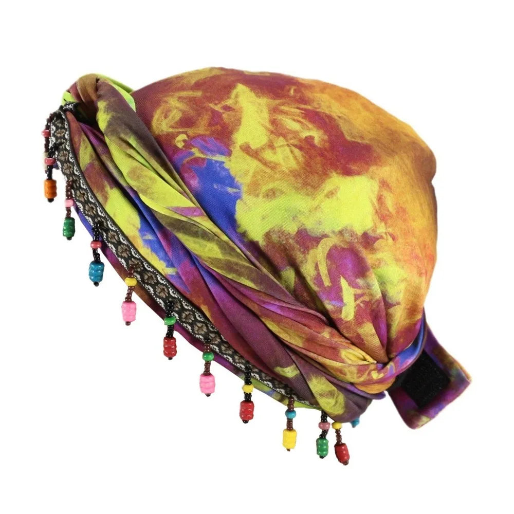 Bonnet Hat Elastic Colorful Beaded Headscarf Breathable Hijab Pre-tie Head Wraps Dome Indian Style Jacquard Pullover Cap Gifts