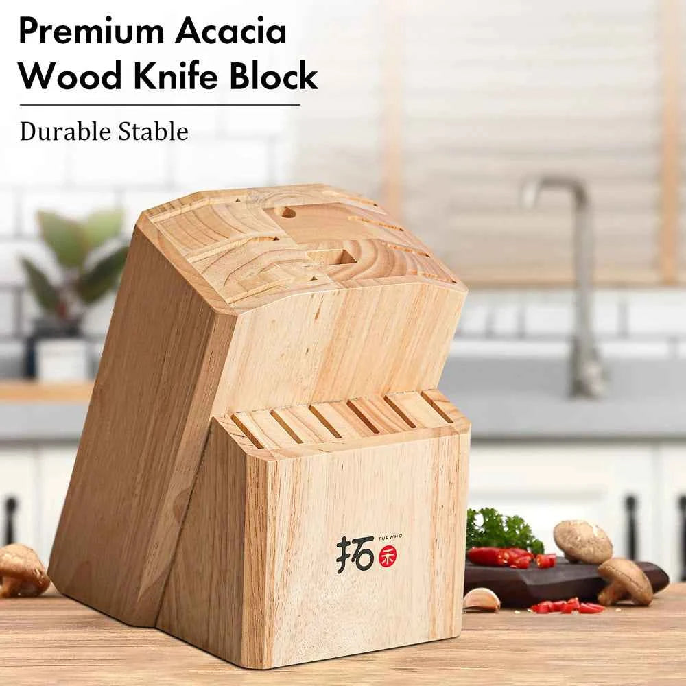 TURWHO Knife Stand Acacia Solid Wood For 15PCS Kitchen Knives Set Scissors Sharpening Rod Holder Knife Block Shelf Storage Tools
