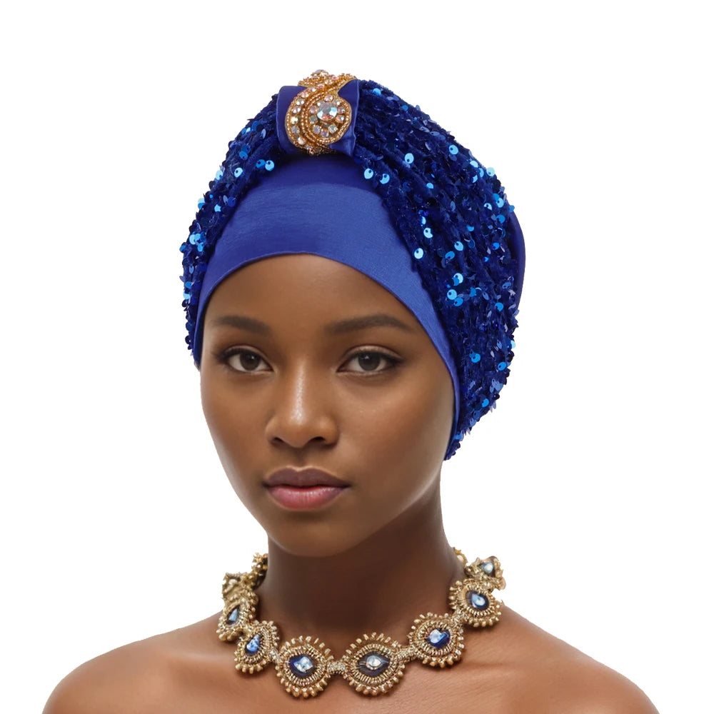 Shining Diamond Sequins Women's Turban Cap African Hat Headtie Bonnet Muslim Headwear Top Knotted Head Caps Turbante Mejur - NamafadStore