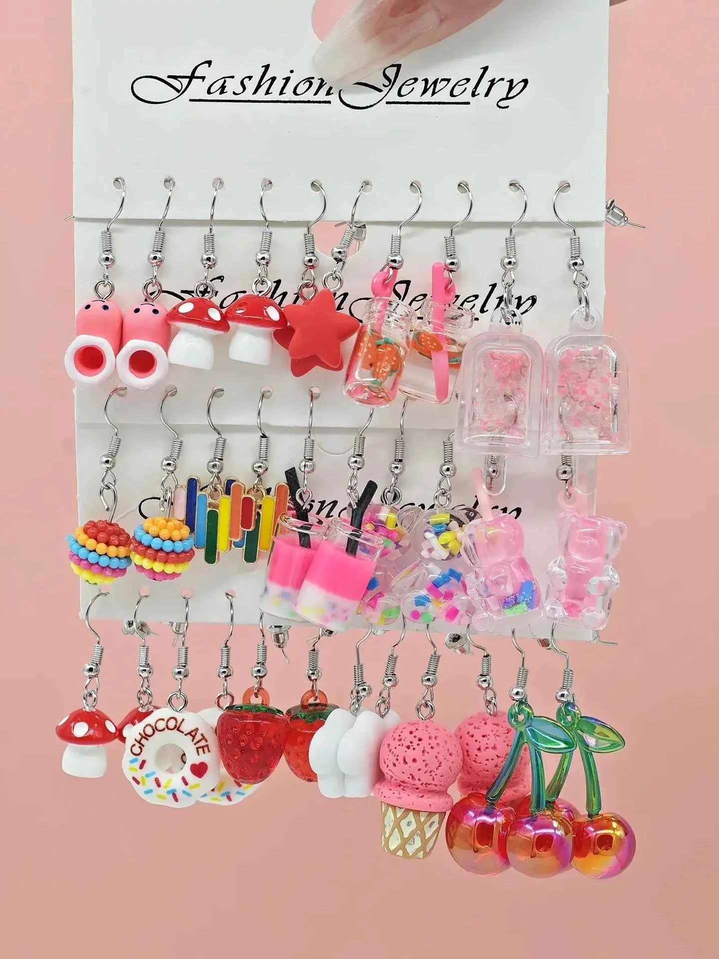cartoon candy color matching resin earrings cherry mushroom donut ice cream combination set