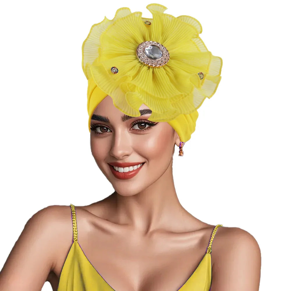 Trendy Crinkle Women's Hijab Solid Color Muslim Ladies Turban Bonnet Flower Decor Ramadan Head Wrap Head Scarf Indian Hat Mujer - NamafadStore