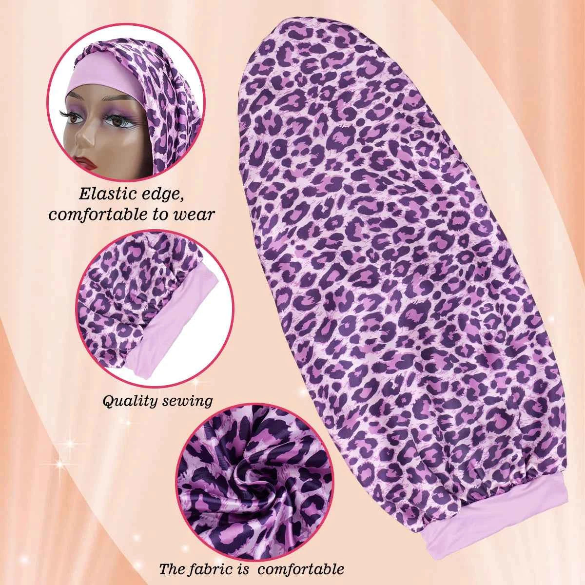 Women's Long Round Tail Bonnet-Silk Sleep Bonnet with Wide Elastic Edge-Hair Protector for Curly & Straight Hair-Leopard Print