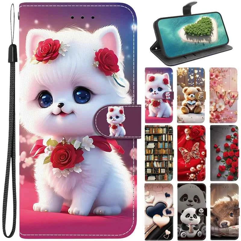 i17e Air Rose Cat Bear Case for iPhone 17e 16e 15 14 Plus 13 12 iphone17 Pro Max Cases Wallet Flip Stand Back Cover Strap Coque
