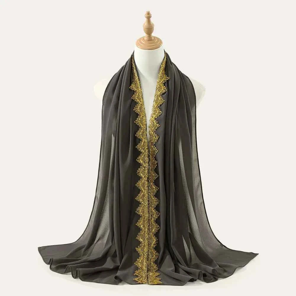 Luxury Silk Chiffon Hijab Scarf Long Gold Sequin Wraps Shawl Glitters Thin Islamic Turban Beach