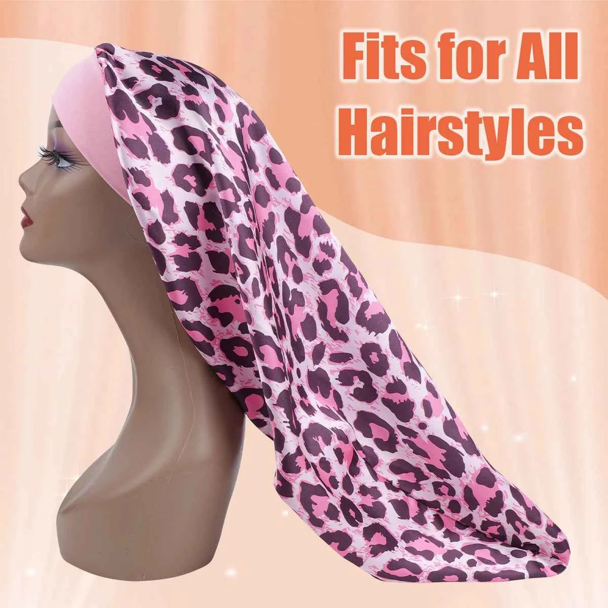 Women's Long Round Tail Bonnet-Silk Sleep Bonnet with Wide Elastic Edge-Hair Protector for Curly & Straight Hair-Leopard Print