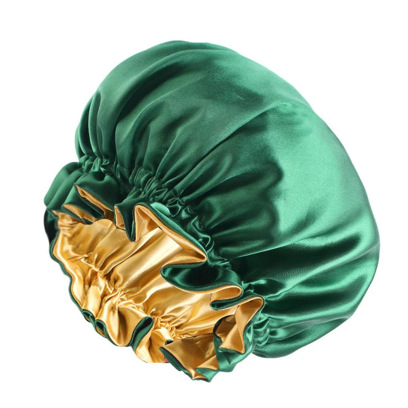 New Solid Elastic Double Layer Satin Bonnet Nightcap Women Night Sleep Hair Protection Hat Reversible Sleeping Hat Hair Care New - NamafadStore