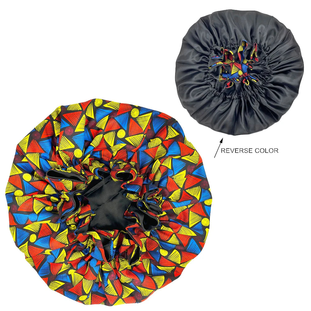 African Pattern Print Bonnet Hijabs Hat Women Night Sleep Cap Double Layer Satin Turban Extra Large Head Wear Lady Head Wrap Hat - NamafadStore