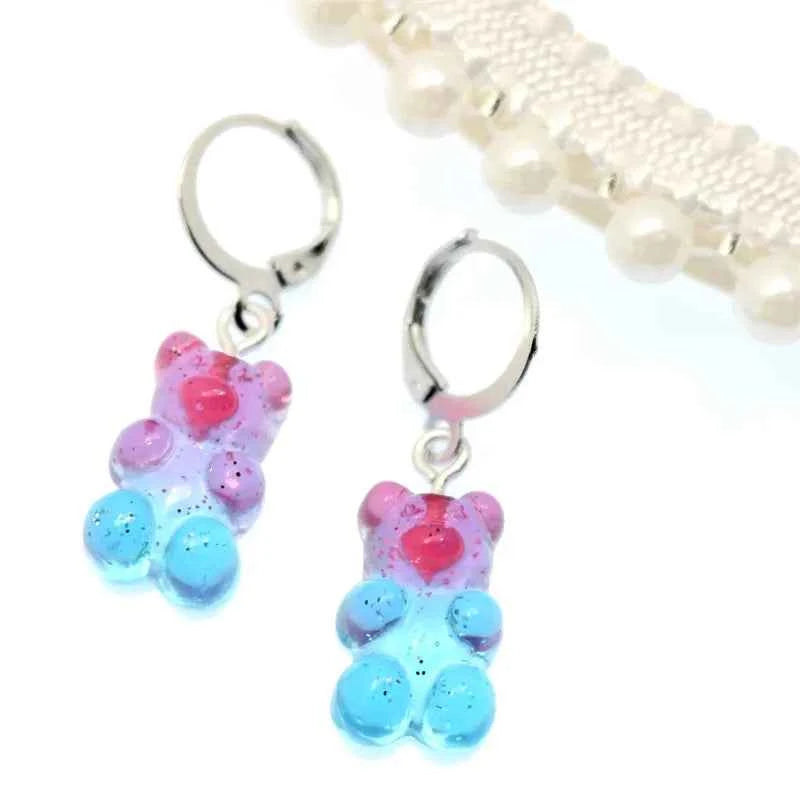 2022 Pink Bear Gummy Cartoon Dangle Earrings For Women Colorful Sequins Gradient Bear Hoop Earring Cute Girl Lucky Jewelry Gift