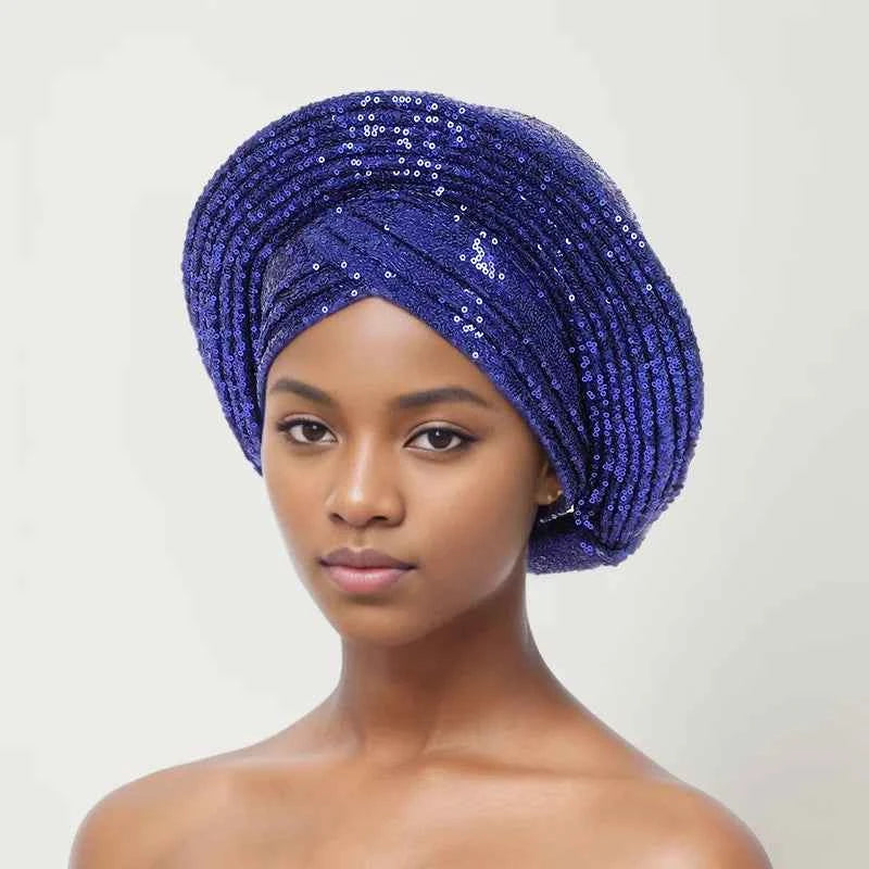 Sequins Auto Gele Headtie African Women's Head Wraps Fashion Turban Cap Nigeria Wedding Geles Already Made Head Ties Headpiece
