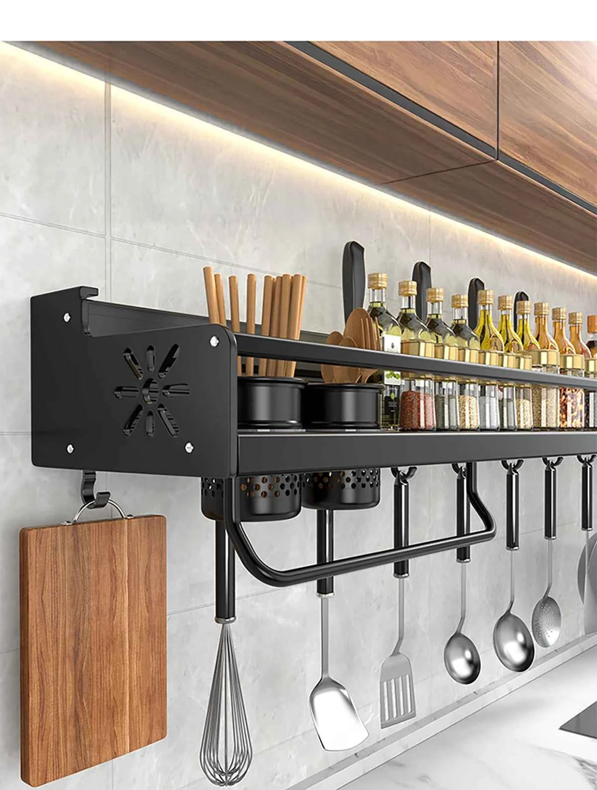 Metal Kitchen Shelf No-Punch Large Capacity Storage Kitchen Utensils Skeletonized Drainage Design Easy to Clean Black