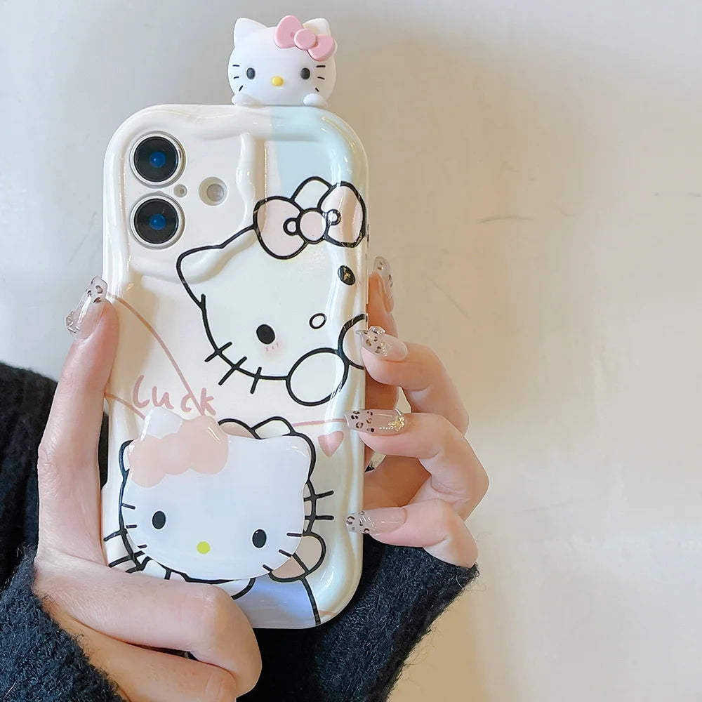 For Samsung Galaxy S25 Ultra S26 S24 FE S23 Plus S22 S21 S20 M55 Pink Kitty Head Grip Tok Holder Cartoon Wave Soft Phone Case