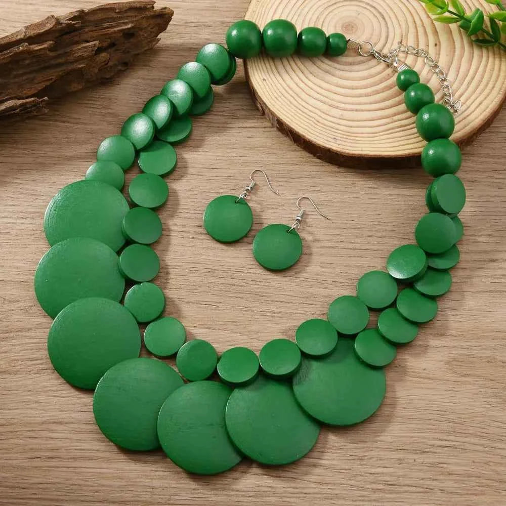 African Jewelry Bohemian Colored Geometric Round Wooden Beads Handmade Bead Necklace And Earrings Women's Party Accessories