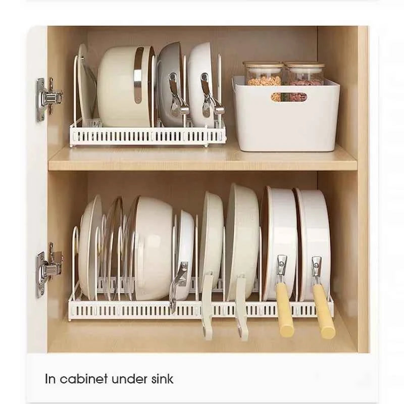 Pot Rack Bowl and Plate Storage Rack Multi-layer Retractable Adjustable Carbon Steel Pan Dish Drying Cookware Rack Kitchen Tools