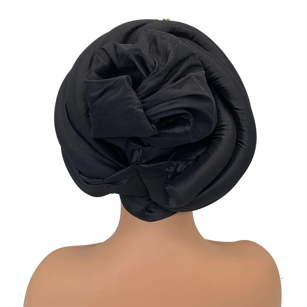 Twisted Braid Turban Cap for Women African Lady Head Wraps Diamonds Nigeria Raw Silk Autogele Headtie Muslim Hat Party Headwear - NamafadStore