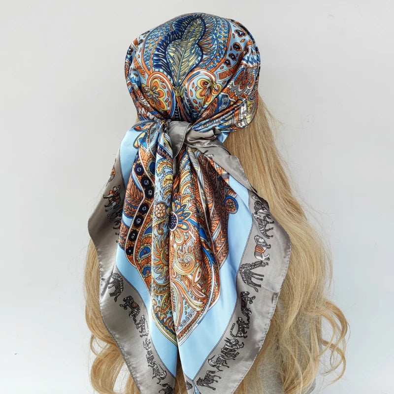 New 90*90cm Retro Brand Women Silk Scarf Bandanna Fashion Bohemian Pattern Square Hijab Lady Wrap Headband foulard muffler