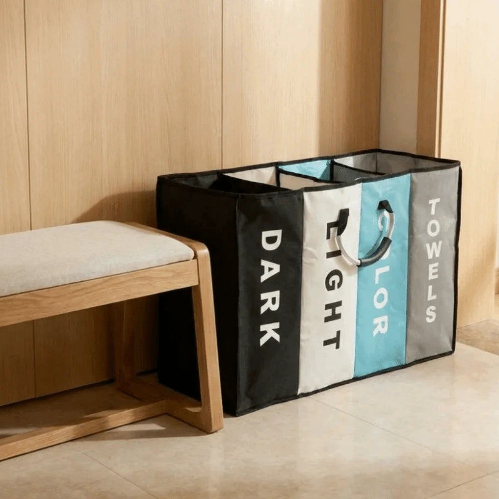 4-Grid Large Laundry Basket – Folding Divided Clothes Hamper with Handles
