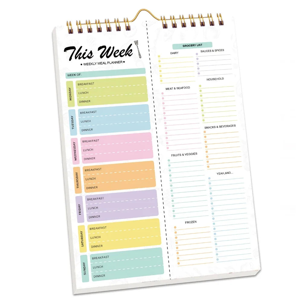 52 Sheets Meal Planning Pad Reusable Spiral Bound Weekly Meal Planner Wall-Mounted Tear-Off Design Schedule Management Book