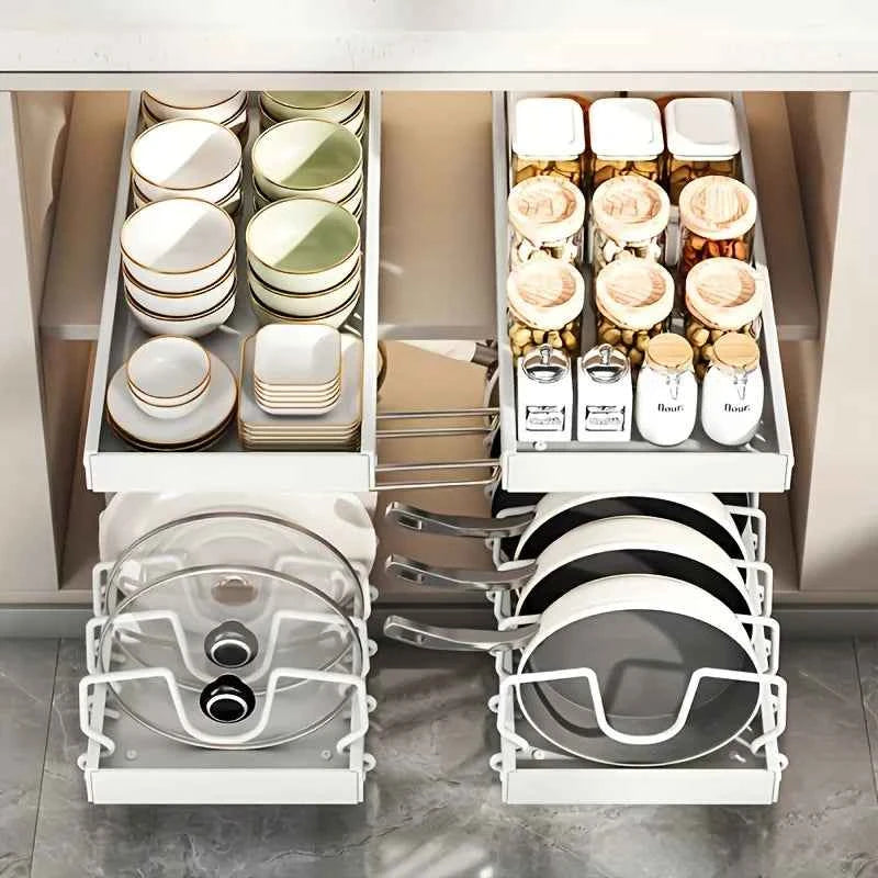 Adjustable Cookware Storage Rack, Kitchen Pull-out Shelf, Sliding Countertop and Dish Rack Inside Cabinets