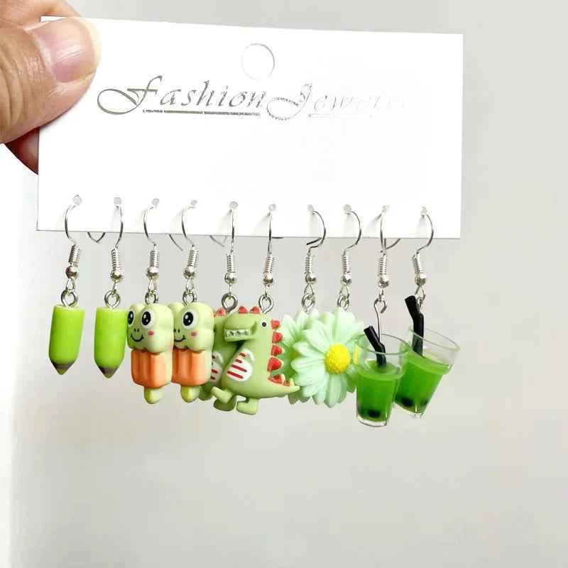 5 Pair Set Small Fresh Colored Resin Pendant Earrings Art Sweet and Cute Fruit Animal Milk Tea Earrings Female