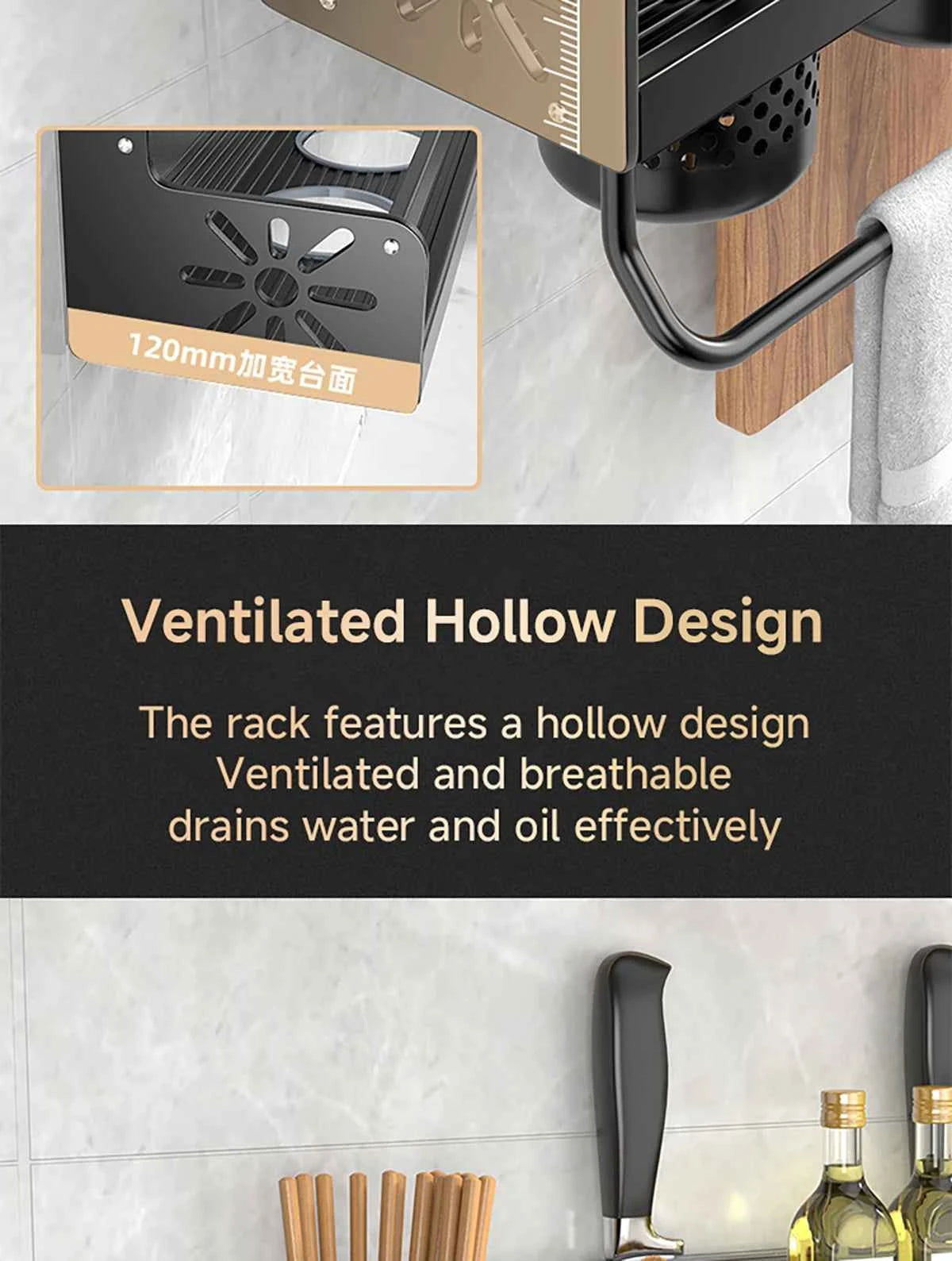 Metal Kitchen Shelf No-Punch Large Capacity Storage Kitchen Utensils Skeletonized Drainage Design Easy to Clean Black