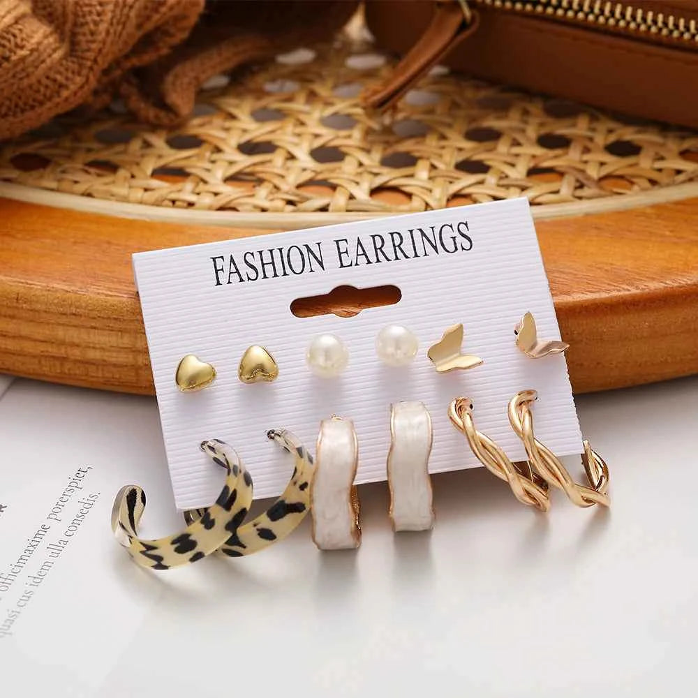 Punk Leopard Acrylic Resin Hoop Earrings Set for Women Trendy Gold Silver Color Butterfly Pearl Circle Earrings Gifts Jewelry