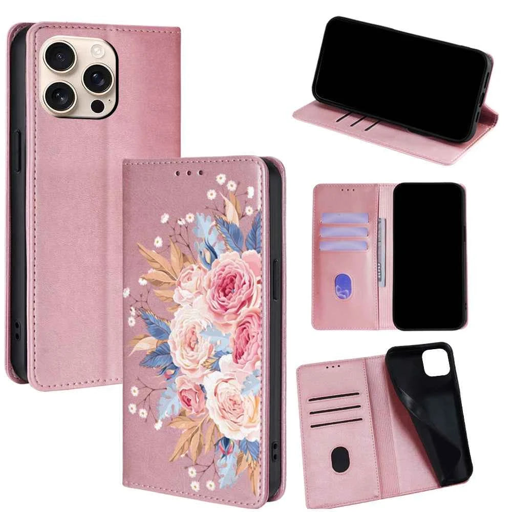 Flower Pattern Magnetic Leather Flip Wallet Case for iPhone 17 Pro Max 16 15 14 13 12 11 Pro Max 16 Plus Air Card Slots Holster