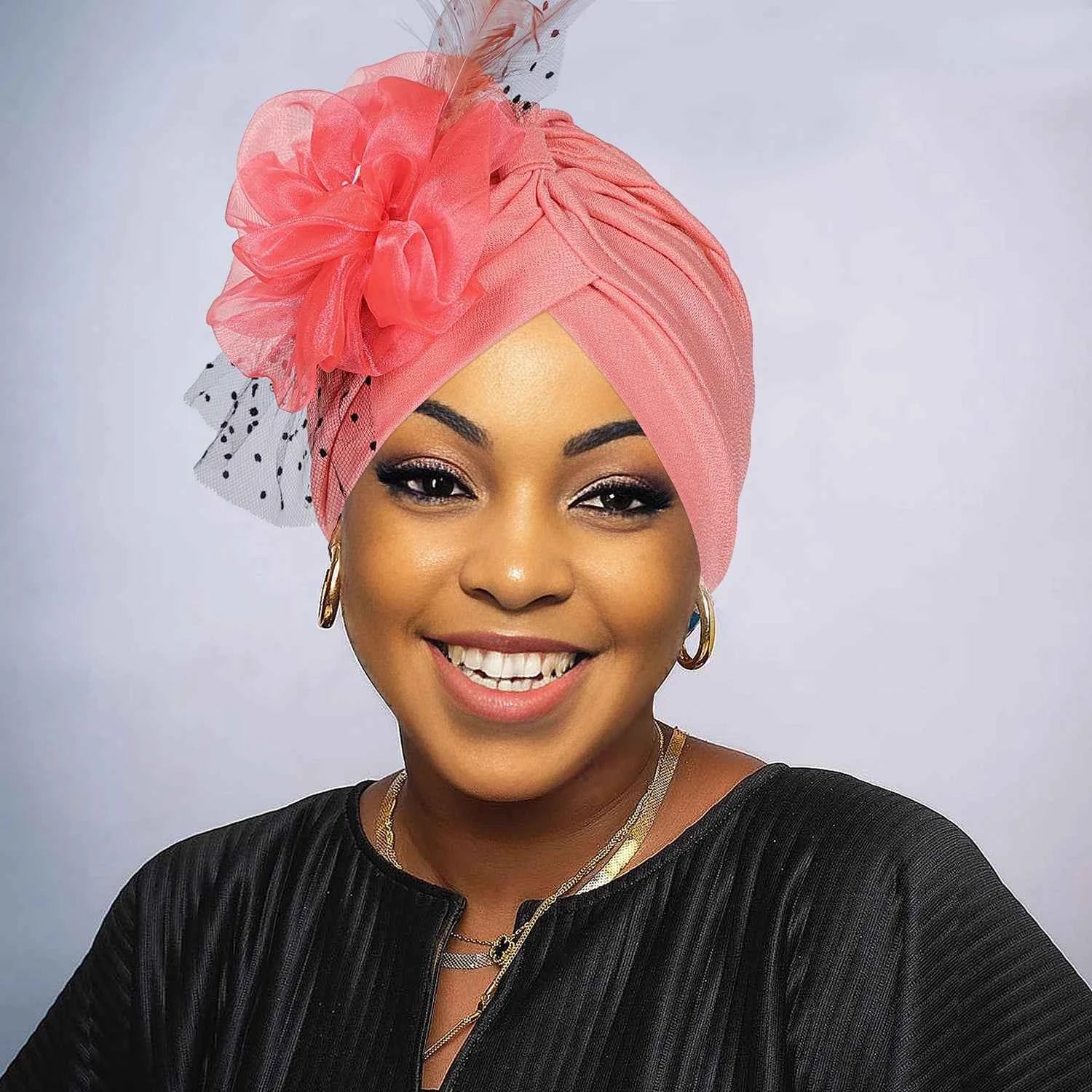 Women’s Luxury Turban Hat – Big Flower Mesh Style African Zahra Cap for Weddings & Special Occasions